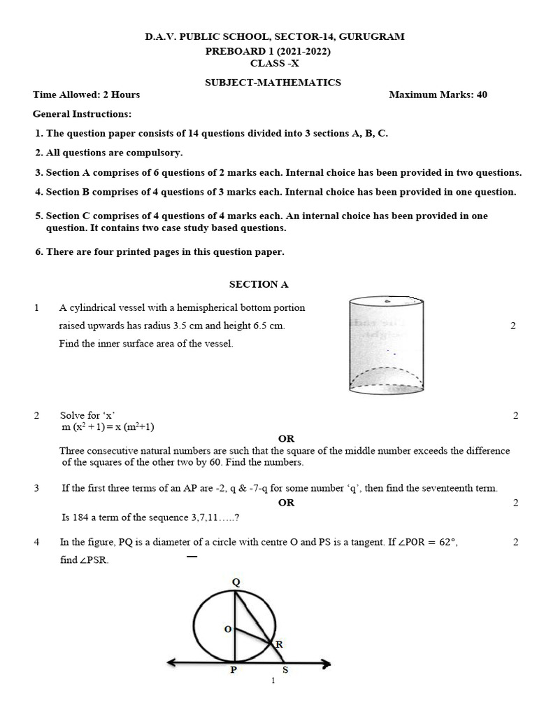 Term Ii - PB1 Mathematics (2021-22) Dav | PDF | Circle | Angle