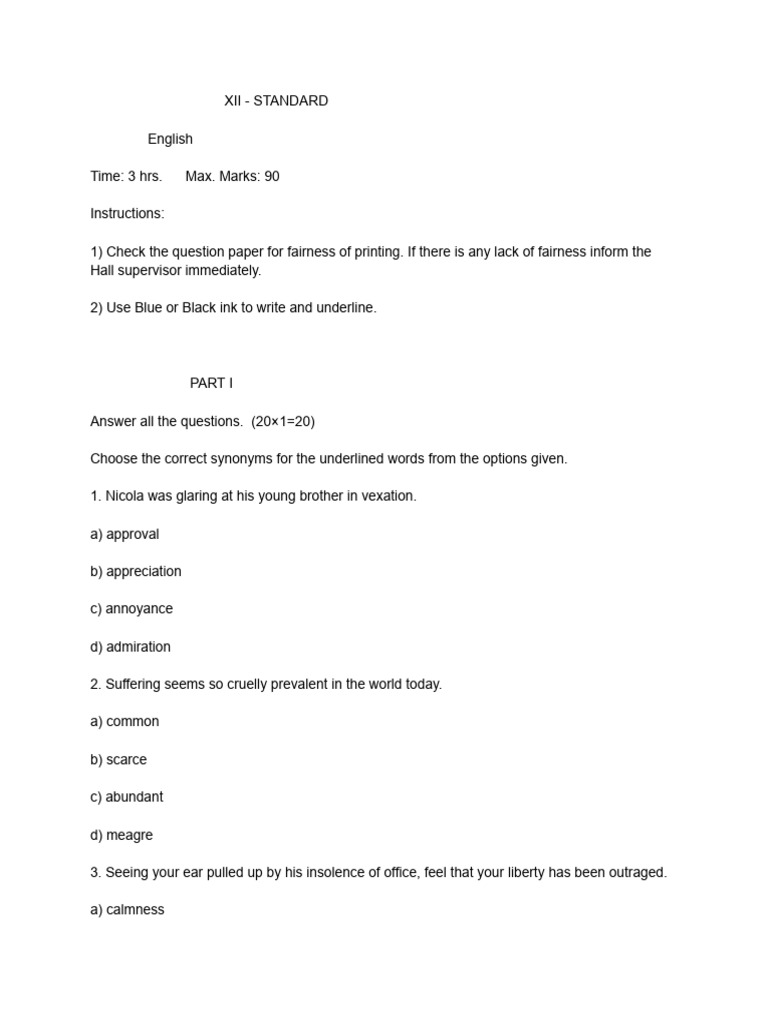 12th English Model Question Paper | PDF | Grammar | Syntax
