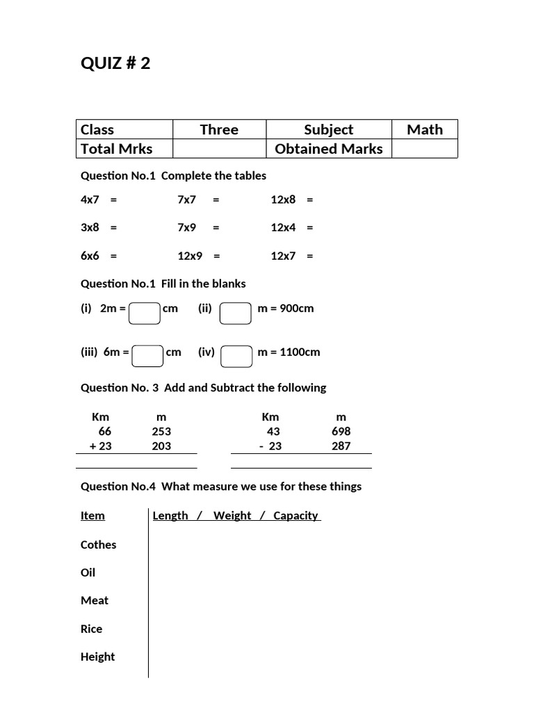 Test Math Class 3 | PDF