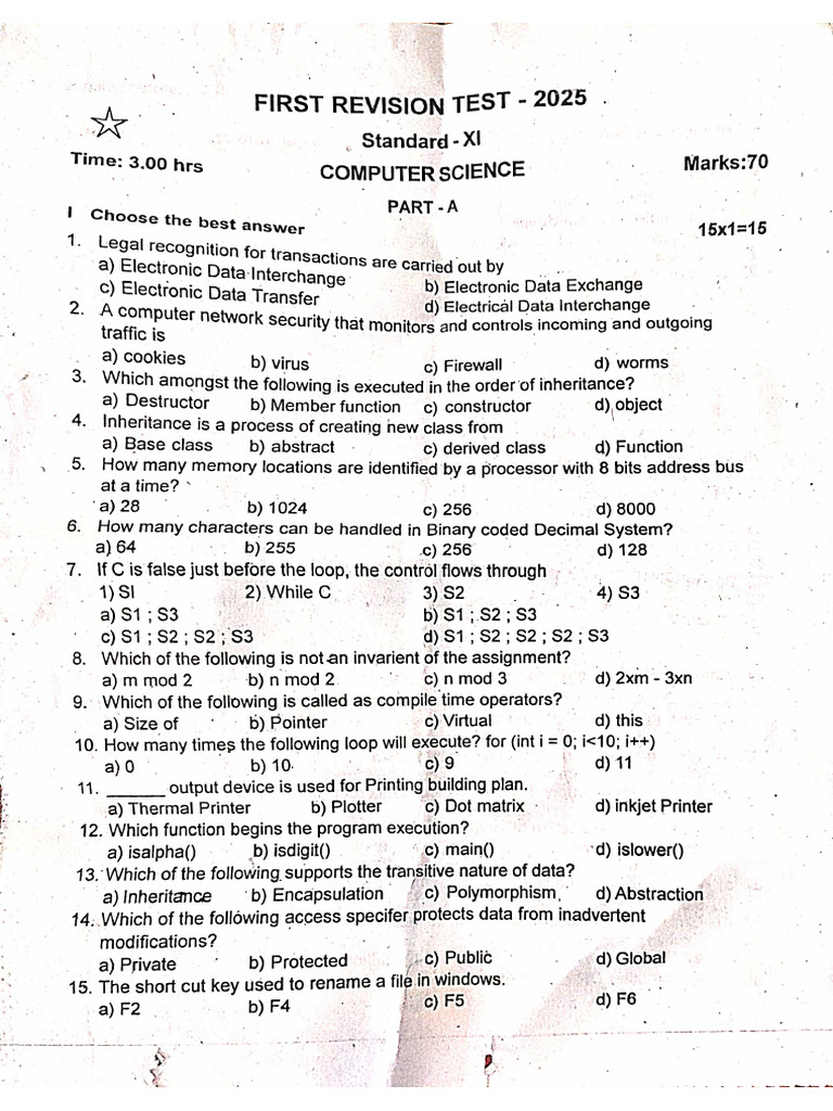 11th Computer Science 1st Revision Exam 2025 Original Question Paper ...