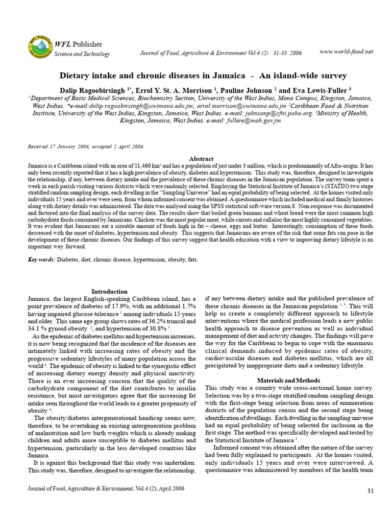 Dietary Intake and Chronic Diseases in Jamaica - An | PDF | Obesity ...