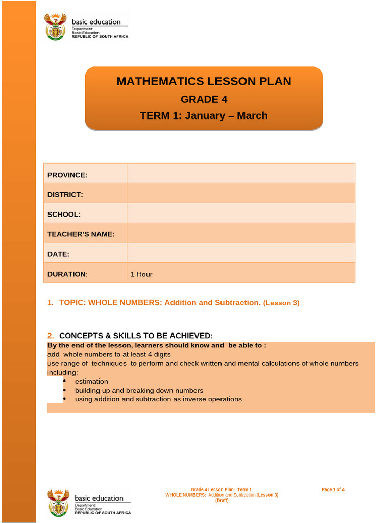 Grade 4 Term 1 Addition and Subtraction Lesson 3 | PDF | Subtraction ...