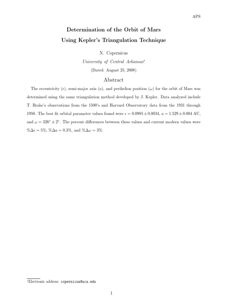 Determination of The Orbit of Mars Using Kepler's Triangulation ...