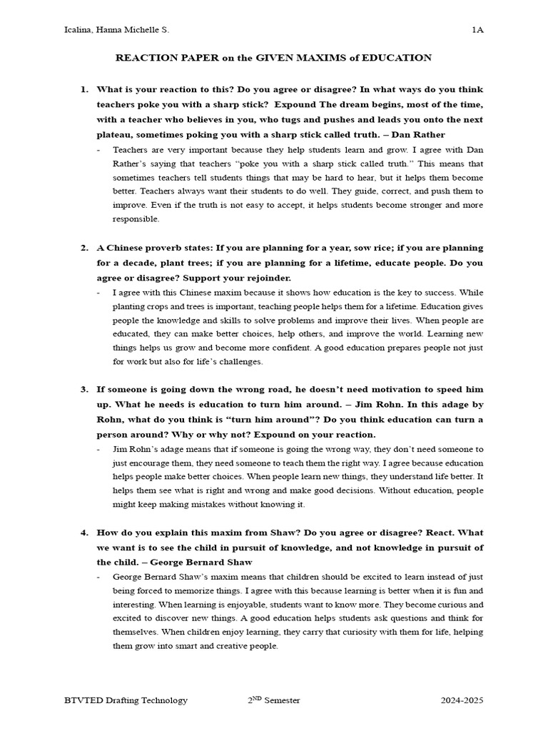 REACTION PAPER On The GIVEN MAXIMS of EDUCATION | PDF | Cognition