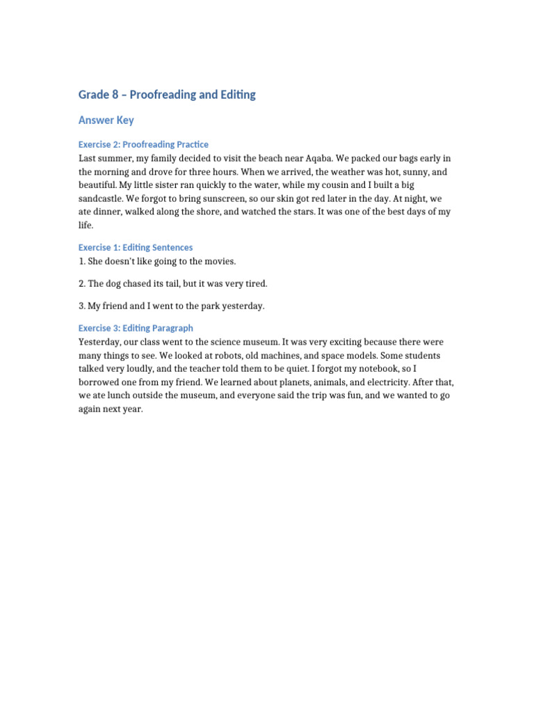 Grade 8 - Proofreading and Editing: Answer Key | PDF