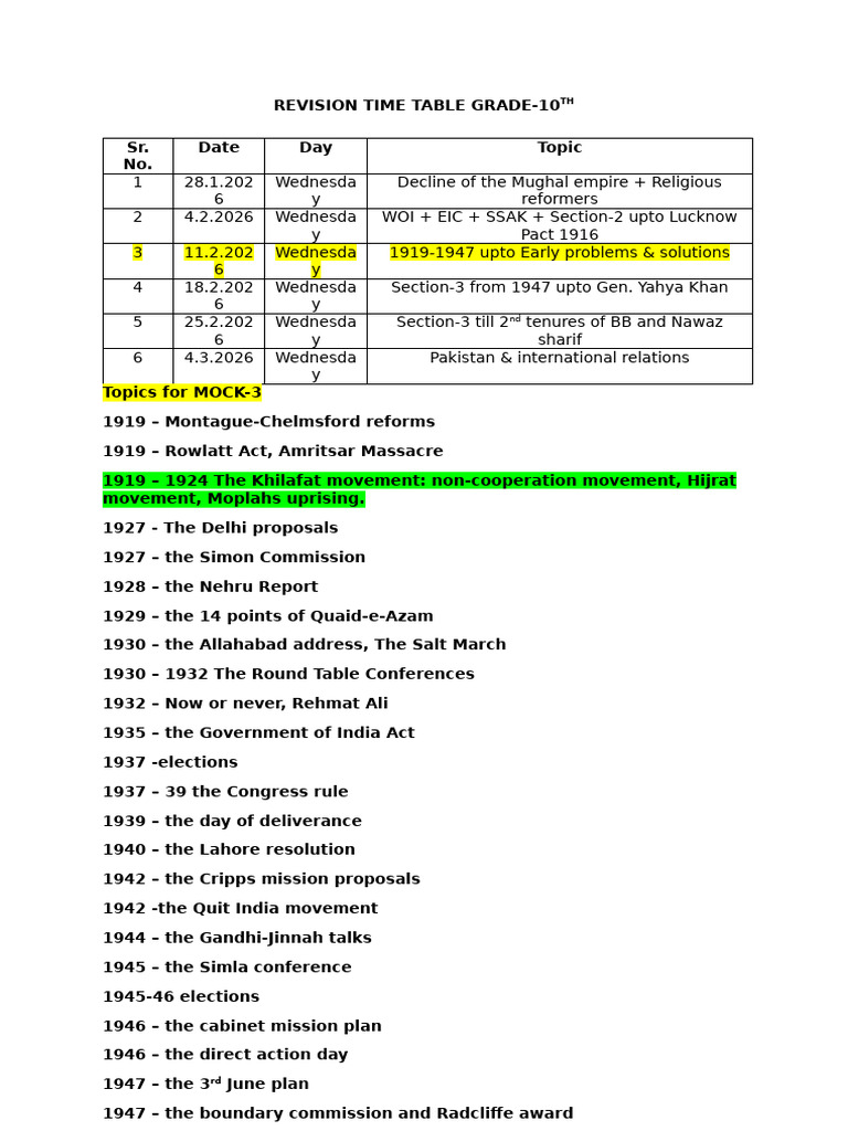 Revision Time Table Grade-10th Silver | PDF