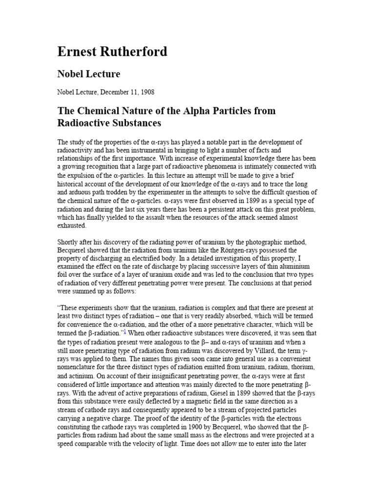 Ernest Rutherford Nobel Lecture The Chemical Nature of The Alpha ...