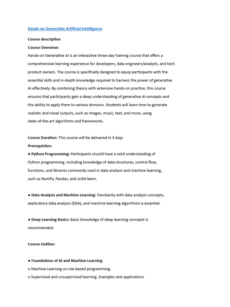 Hands-On Generative Artificial Intelligence - 3 Days | PDF | Machine ...