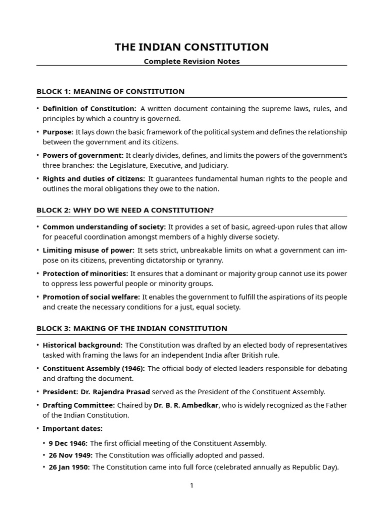 Indian Constitution Revision Notes | PDF | Constitution | Justice