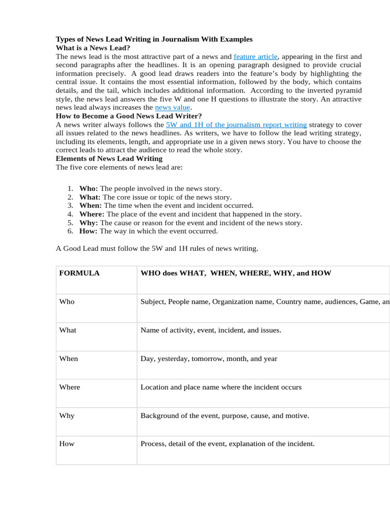 Types of News Lead Writing in Journalism With Examples | PDF | News ...