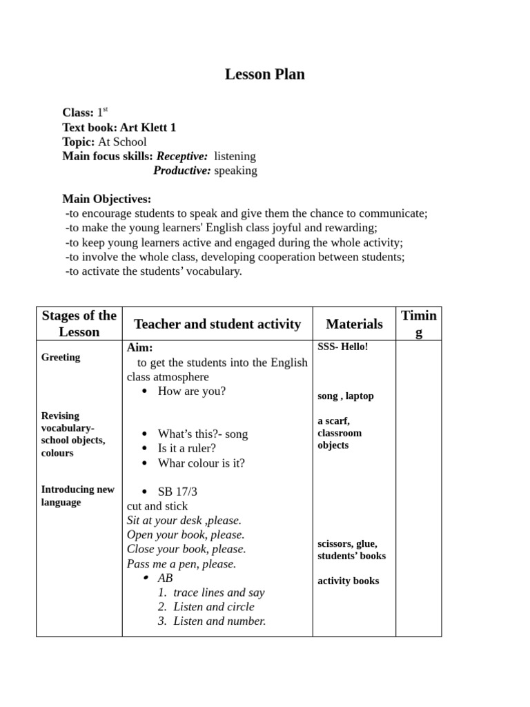 Lesson Plan Grade 1 | PDF