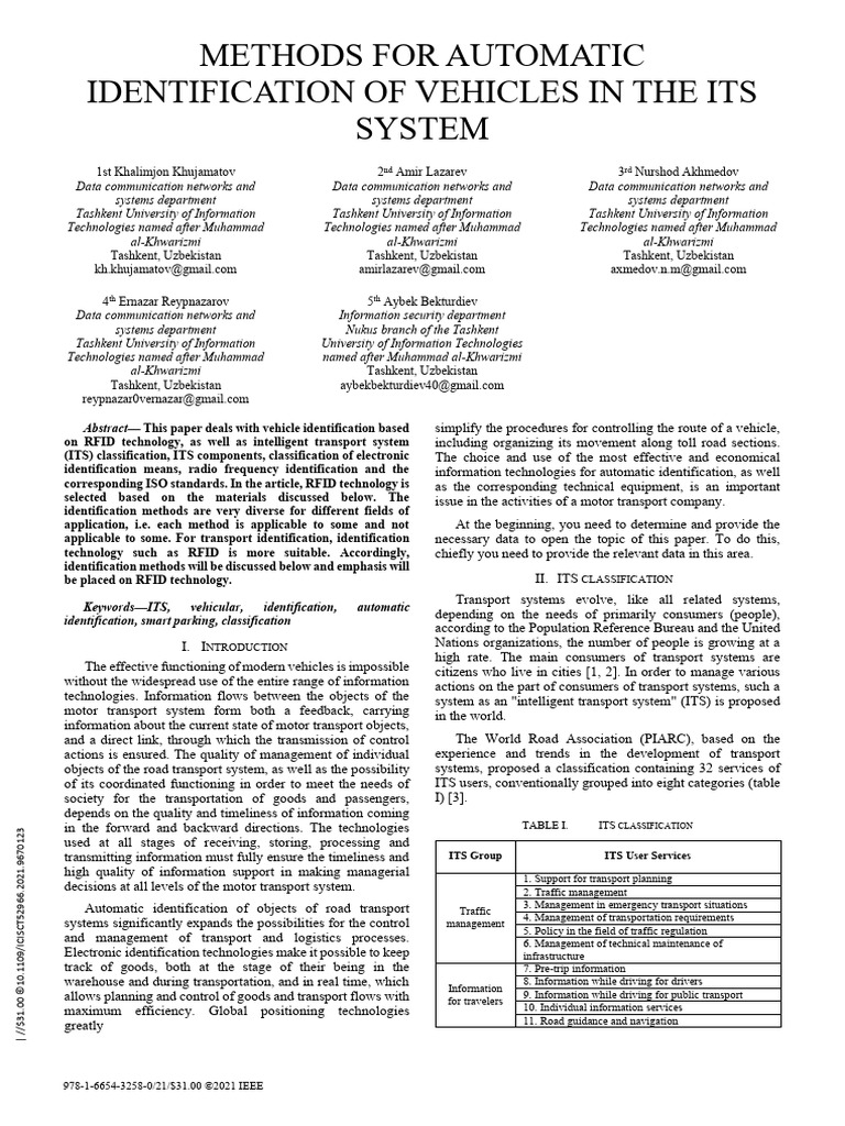 Methods For Automatic Identification of Vehicles in The Its System ...