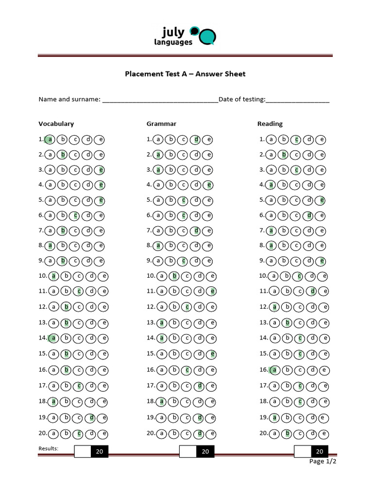 JL - Placement Test A Answer Sheet | PDF | Chess Theory | Chess