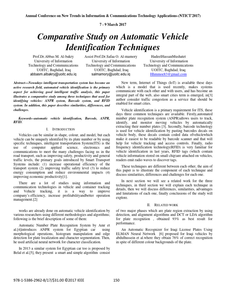 Comparative Study On Automatic Vehicle Identification Techniques | PDF