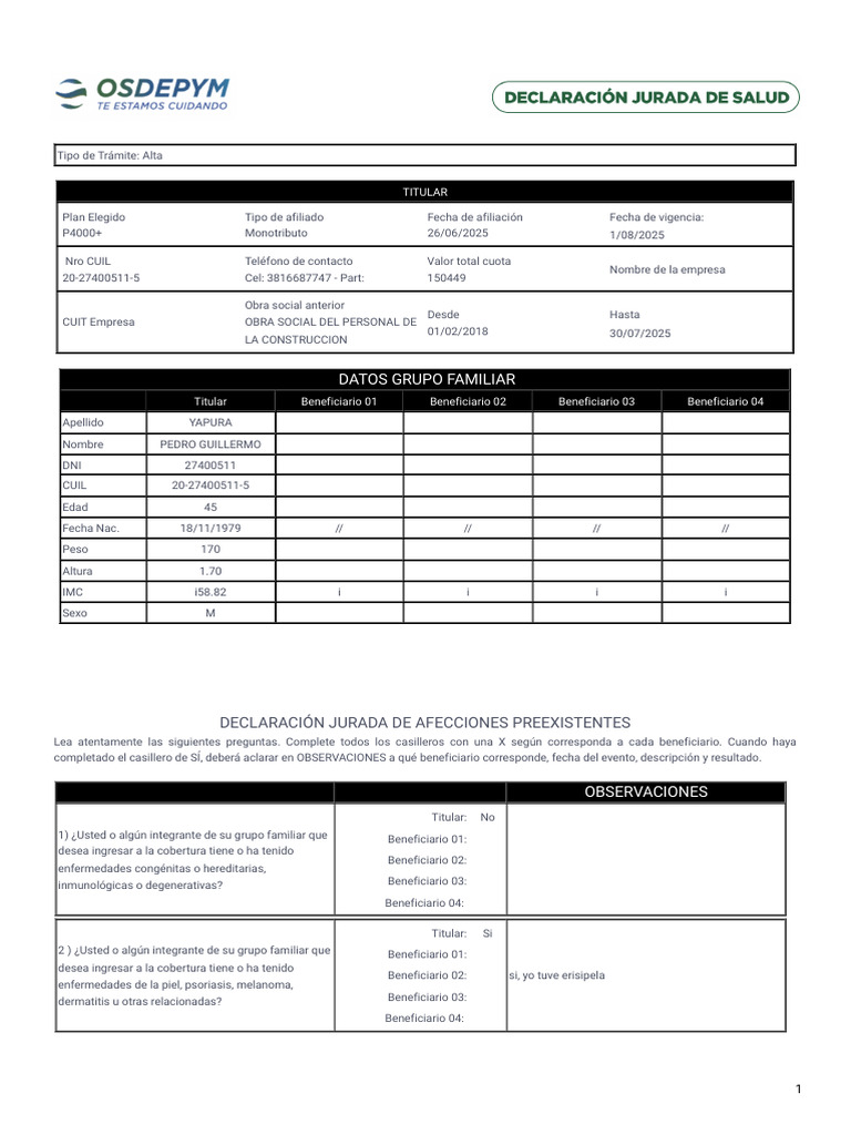 Declaracion Jurada de Salud | PDF