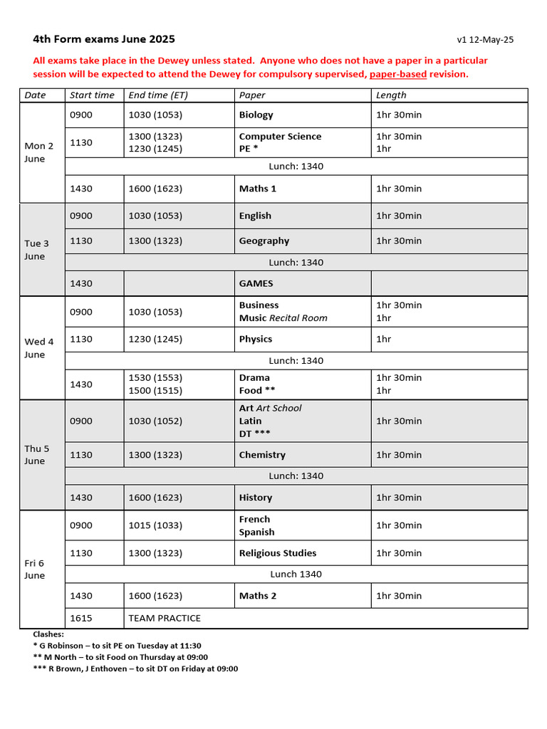 4th Form Exam Timetable 2025 Out | PDF