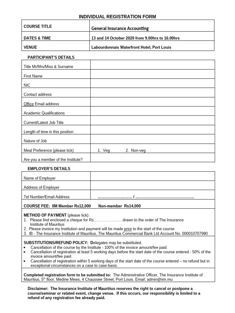 Individual Registration Form: General Insurance Accounting | PDF