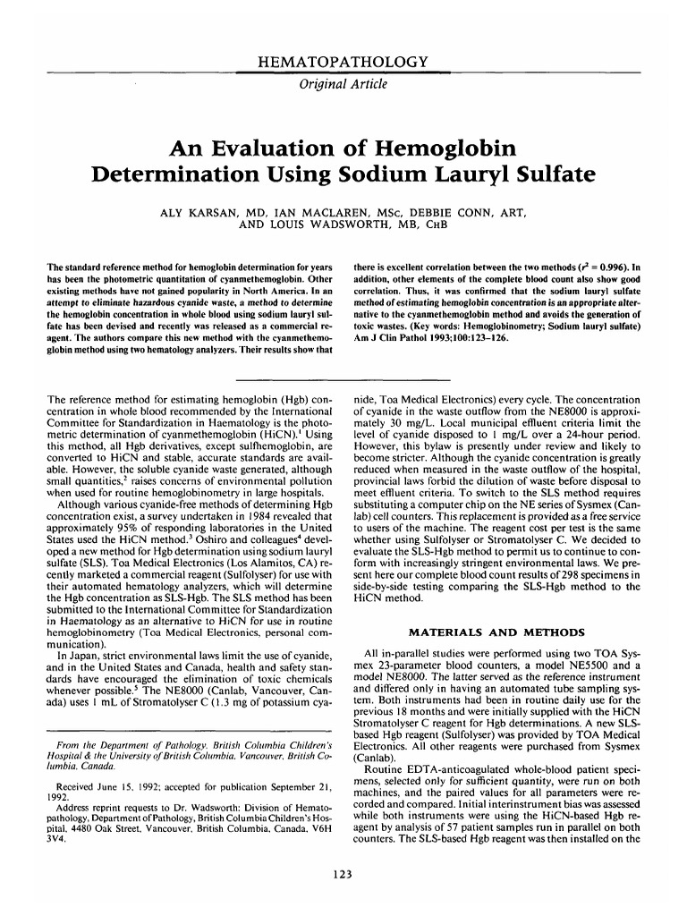 (1992) An Evaluation of Hemoglobin Determination Using Sodium Lauryl ...