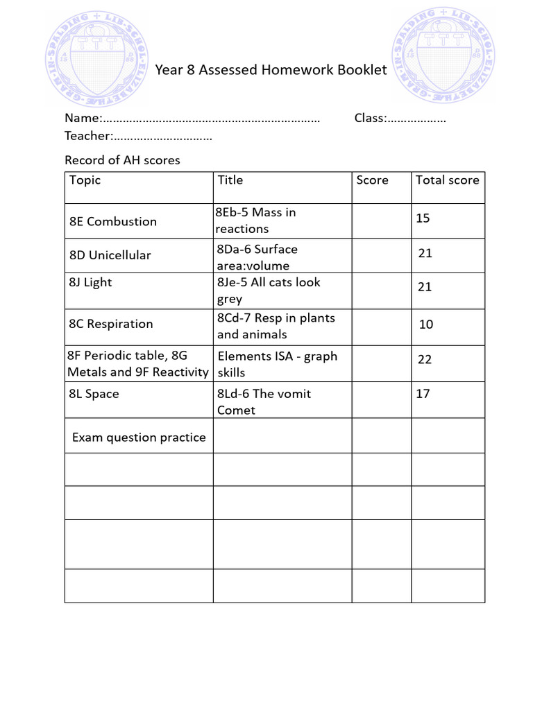 Y8 Assessed Homework Booklet 2024-25 | PDF | Weightlessness | Oxide