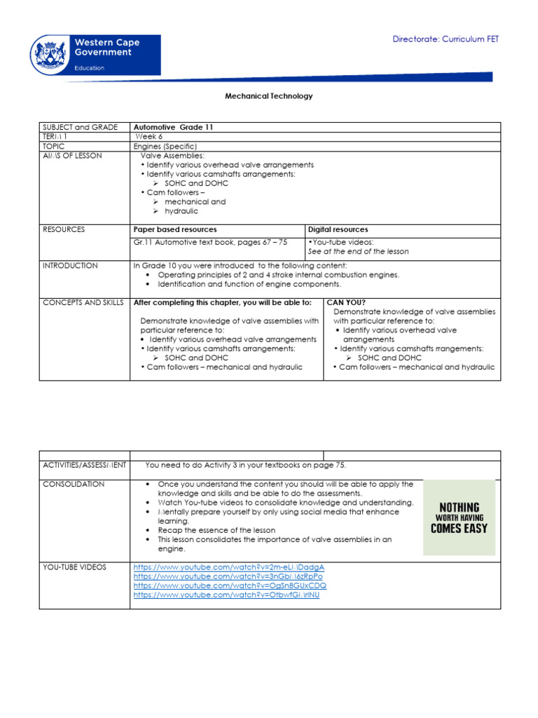 Automotive Grade 11 T1 W6 - 2021 | PDF