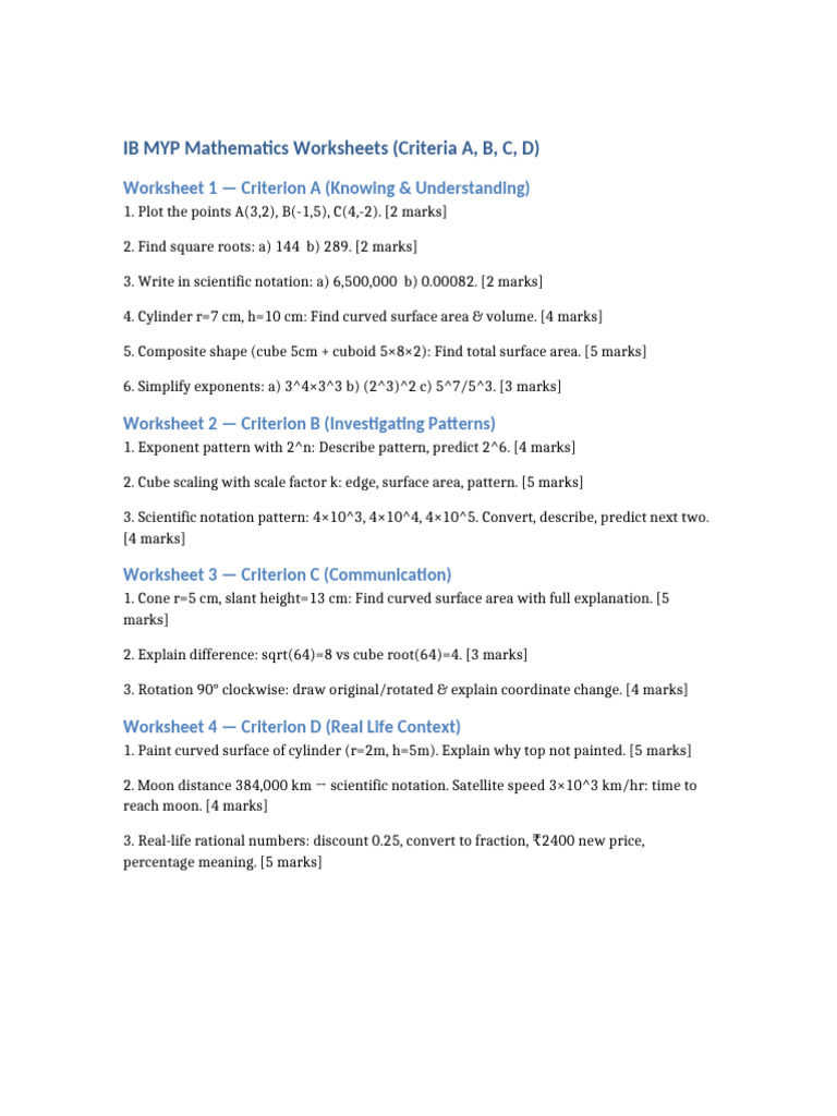 IB MYP Math Worksheets Criteria A B C D | PDF