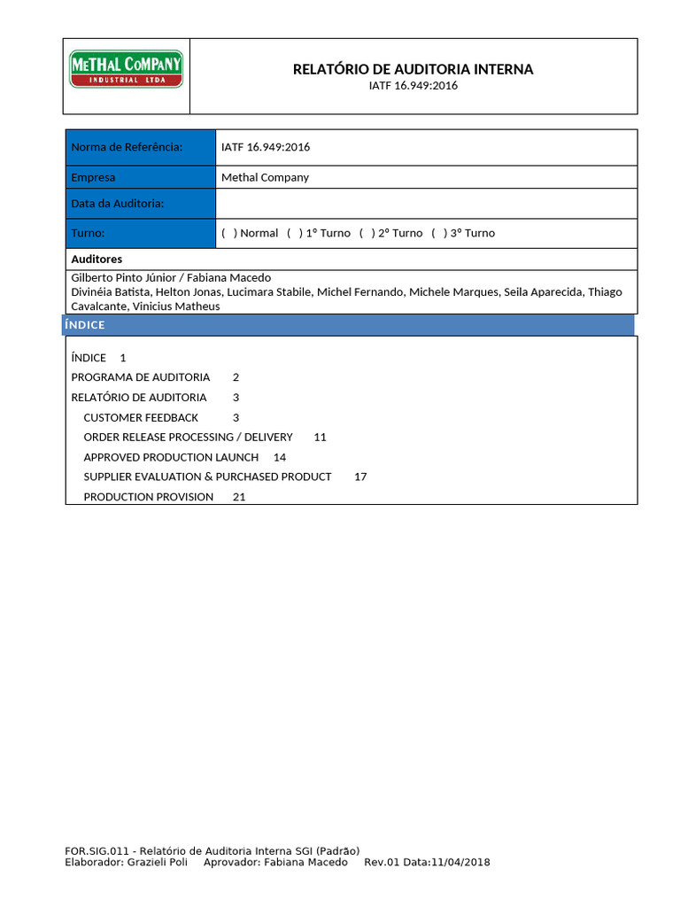 For - Sgi.11 - Relatório de Auditoria Interna SGI (Padrão) - Rev.01 ...