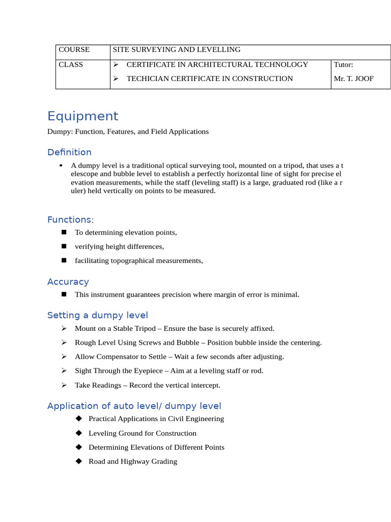 Survey Instrument - Dumpy Level | PDF | Tools | Equipment