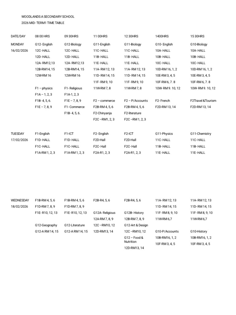 2026 Mid Term 1 Time Table | PDF