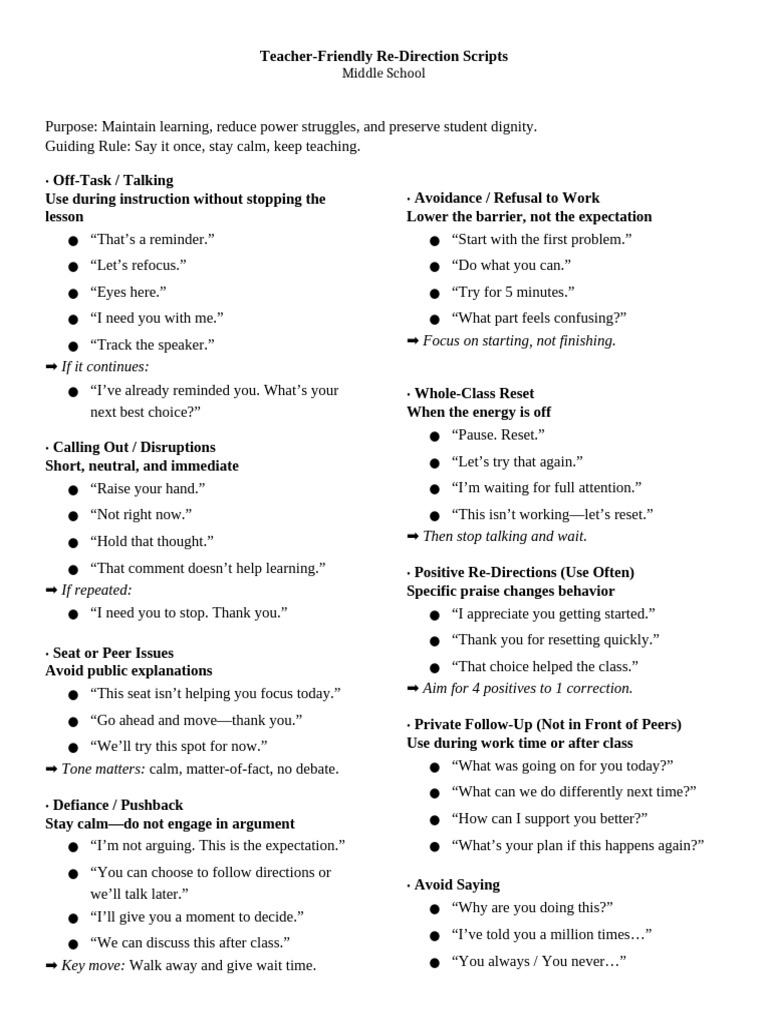 Teacher - Friendly - Redirection - Scripts - Middle School | PDF
