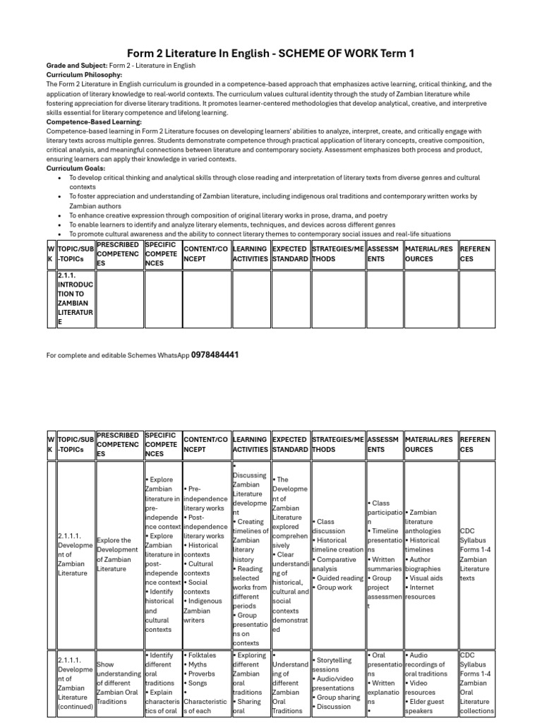 Form 2 Literature in English - Scheme of Work Term 1 | PDF | Critical ...