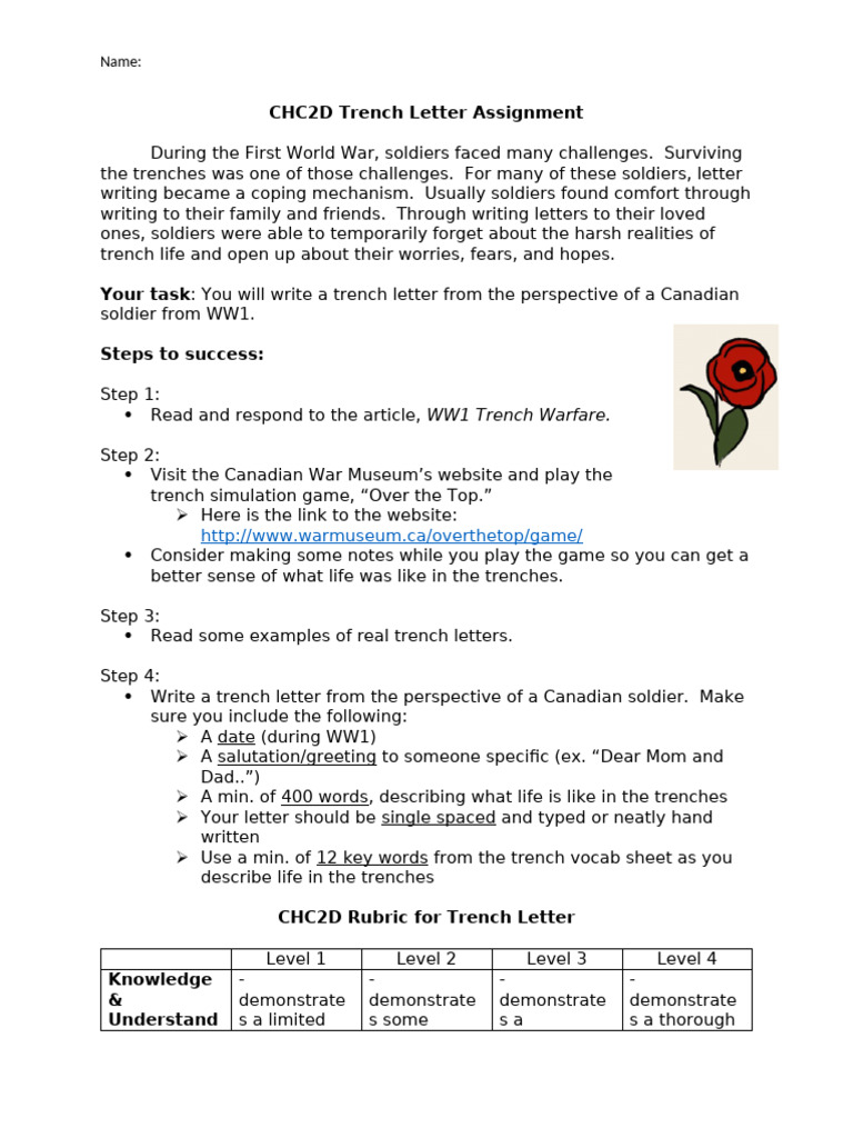 chc2d Trench Letter Assignment | PDF | Cognition
