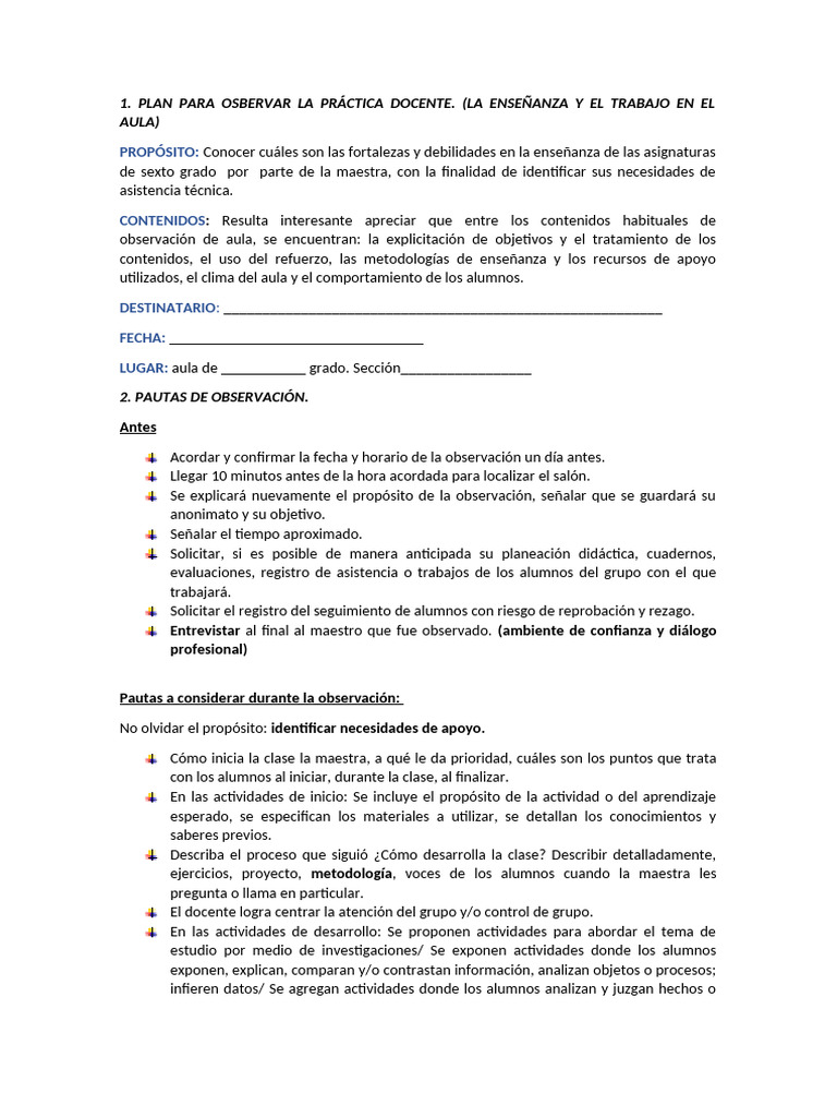 Plan de Observacion Pautas | PDF | Enseñando | Salón de clases