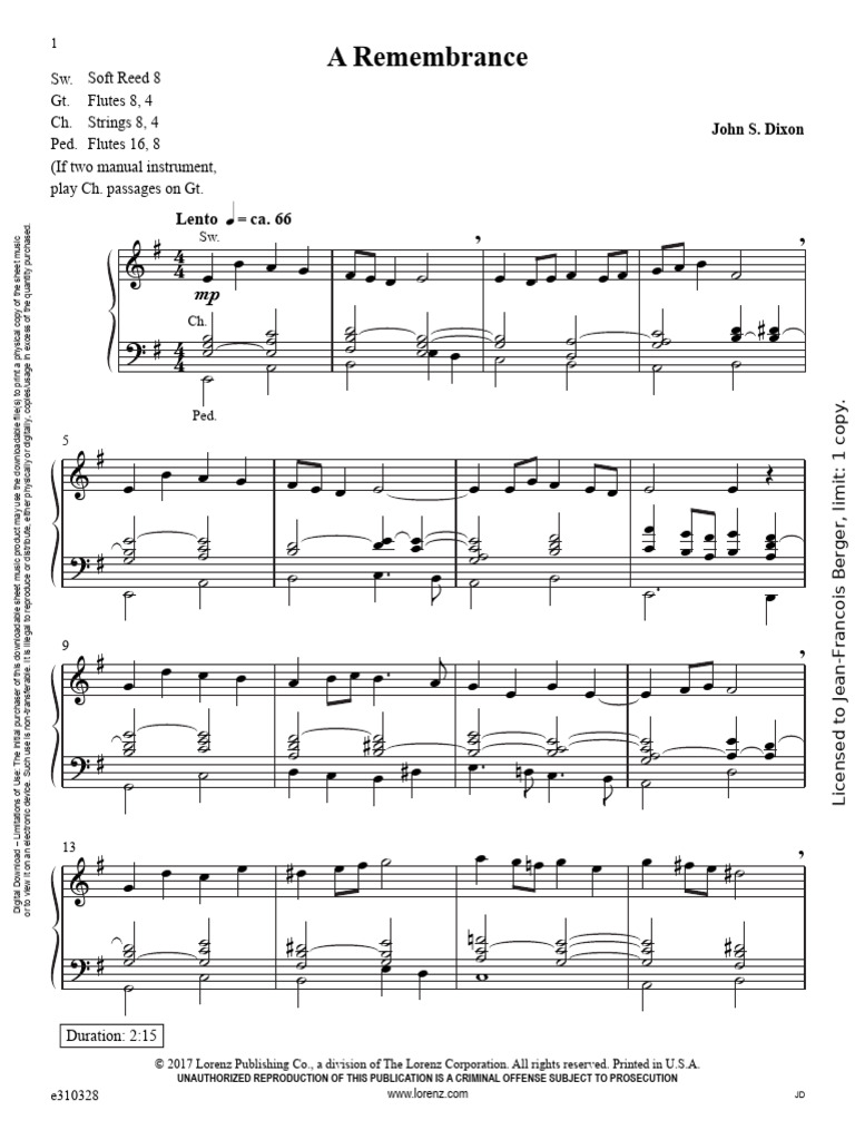 A Remembrance - Organ Sheet Music Digital Download | PDF