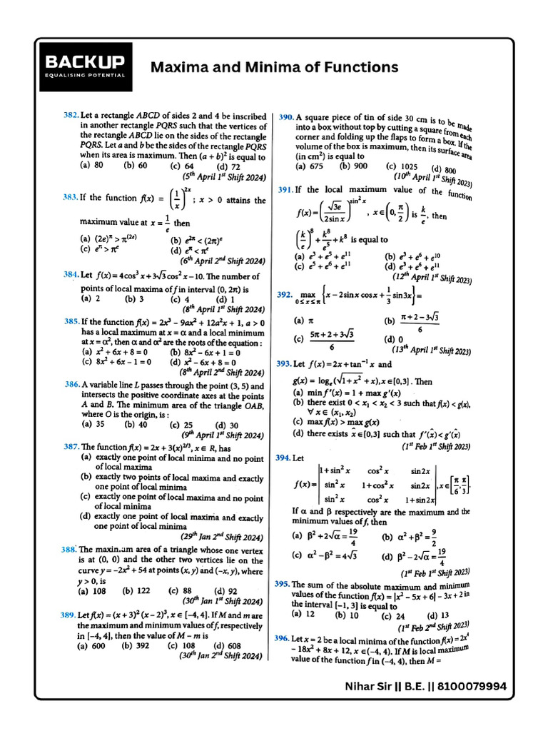 Maxima and Minima PYQ | PDF | Area | Triangle