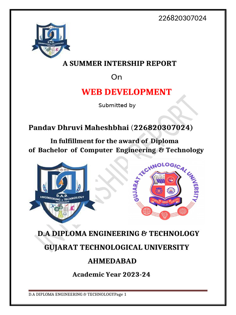 Intership Report Dhruvi 2023 | PDF | Html | World Wide Web