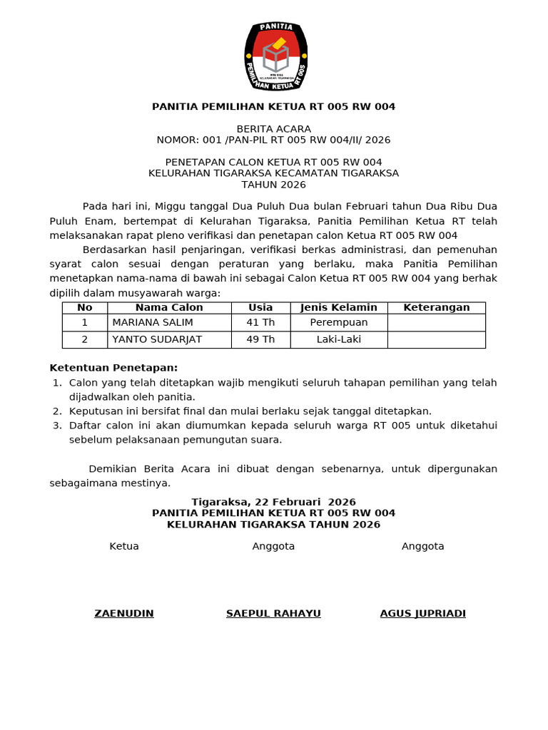 Panitia Pemilihan Ketua Rt 005 Rw 004 | PDF