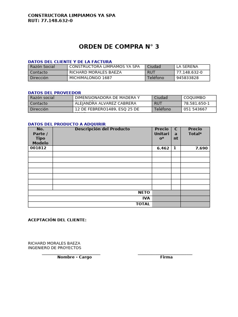 ORDEN DE COMPRA PARA CREDITO DIMAPLAC | PDF