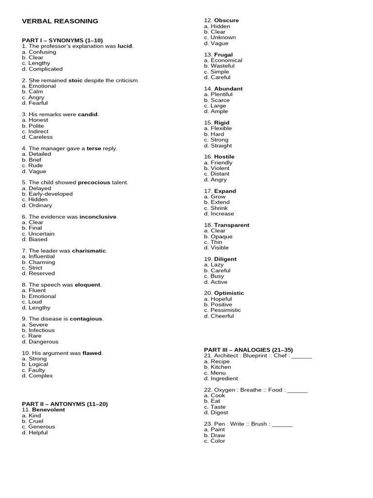Verbal Reasoning Mock Test FULL 50 Items | PDF