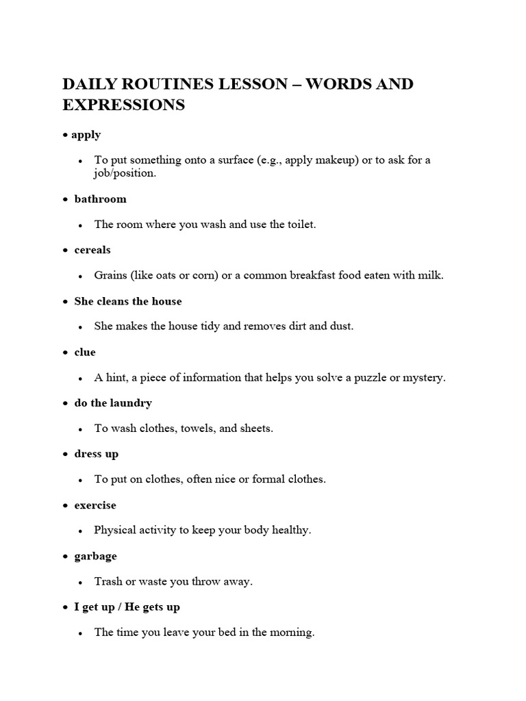 Daily Routines Lesson - Words and Phrases | PDF