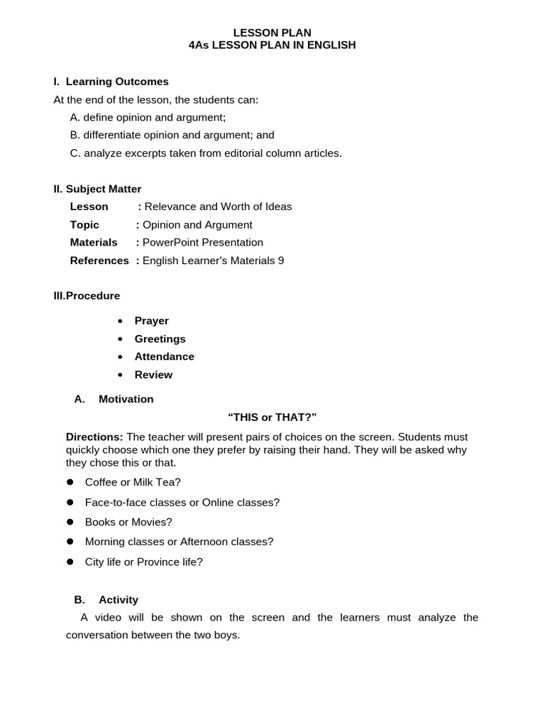 4th Lesson Plan - Week 3 | PDF | Argument | Reason