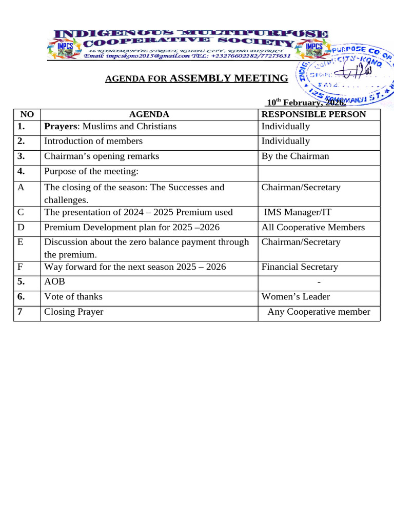 Agenda For Assembly Meeting | PDF