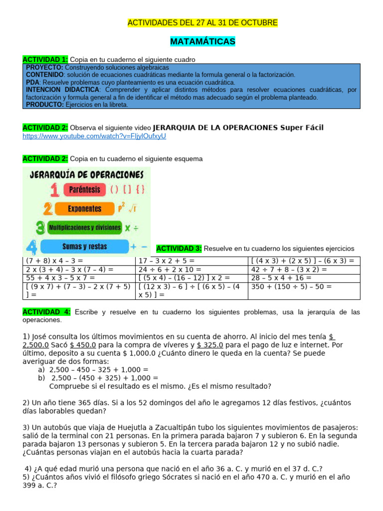 Matematicas Del 27 Al 31 de Octubre | PDF | Ecuación cuadrática ...