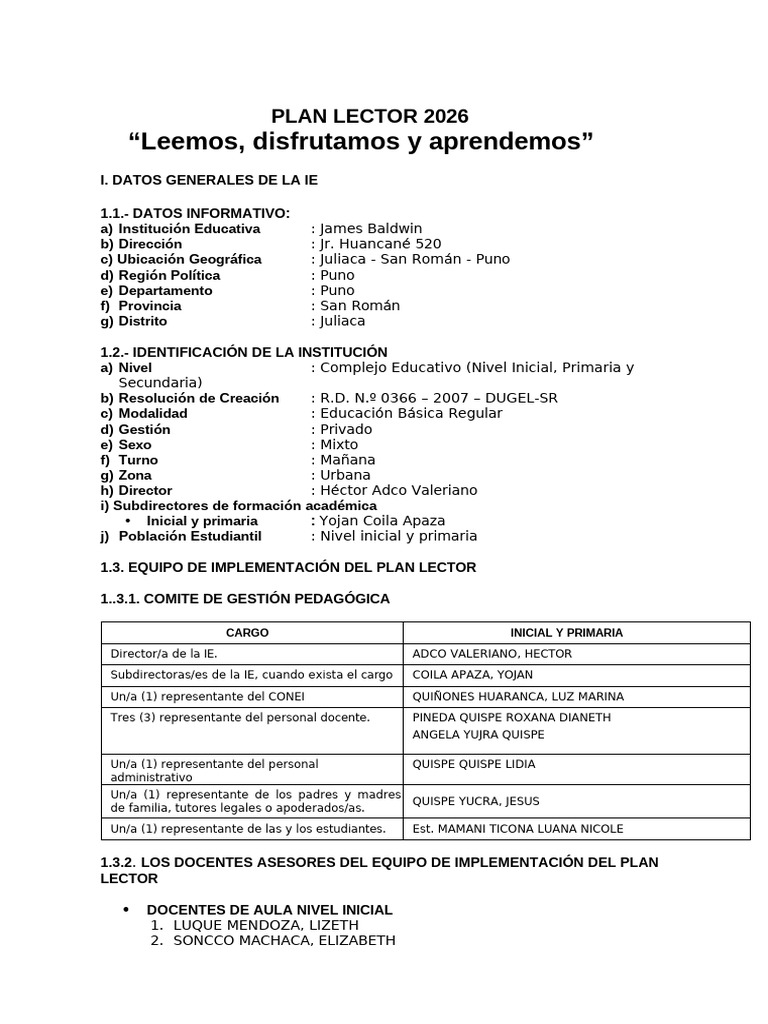 2026 - Plan Lector - Inicial y Primaria | PDF | Salón de clases ...