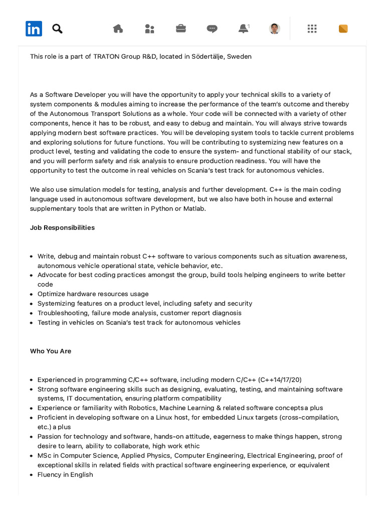 Software Developer, Autonomous Systems - Scania Group - LinkedIn | PDF