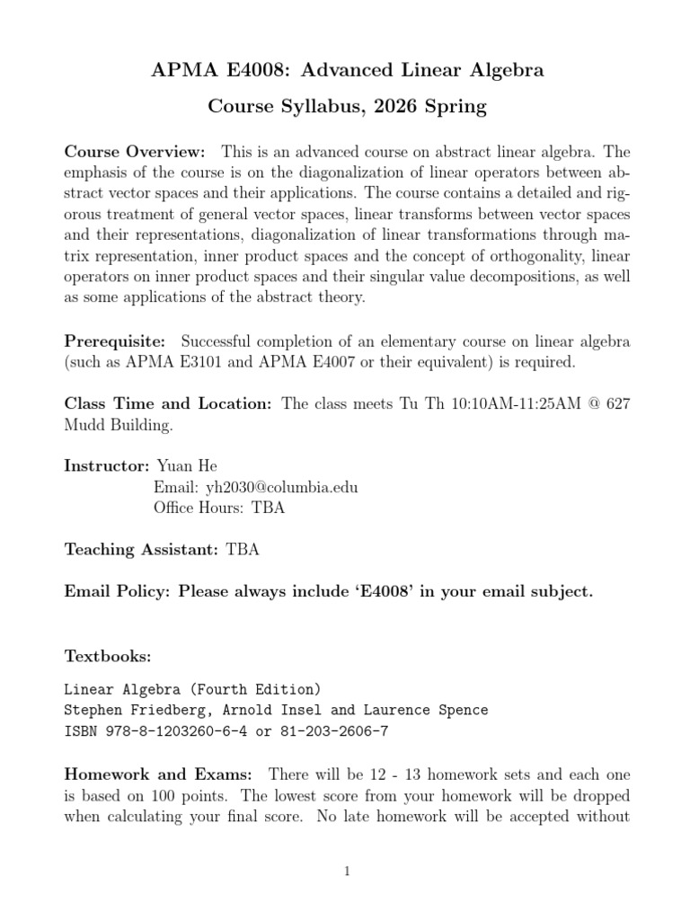 APMA E4008 Syllabus 2026spring | PDF | Linear Algebra | Algebra