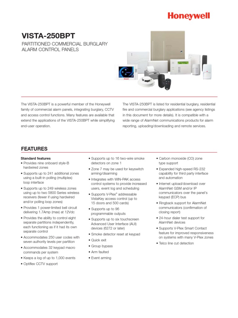 Honeywell Vista 250bpt Data Sheet | Security Alarm | Access Control