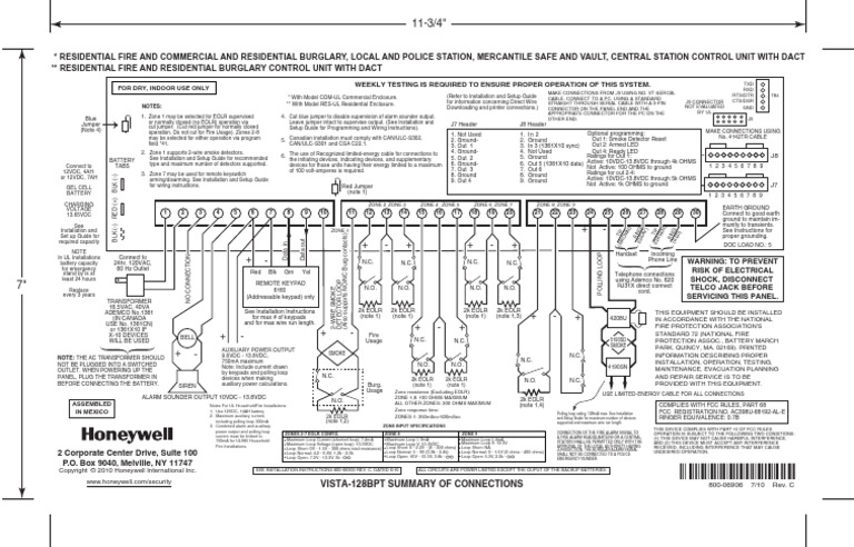 Honeywell Vista 128bpt Connections Summary Pdf Security Alarm Electricity
