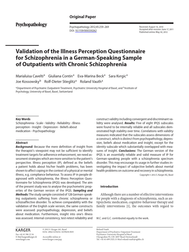 Validation of The Illness Perception Questionnaire For Schizophrenia in ...