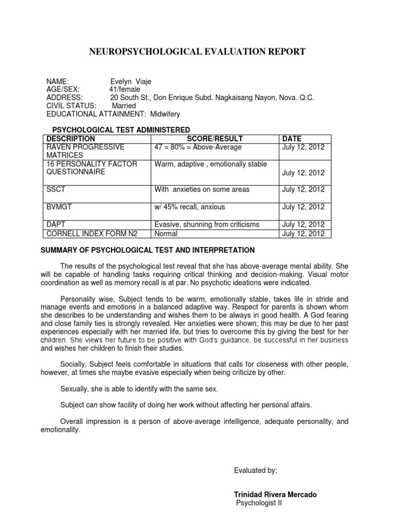 Neuropsychological Evaluation of Evelyn Viaje | PDF