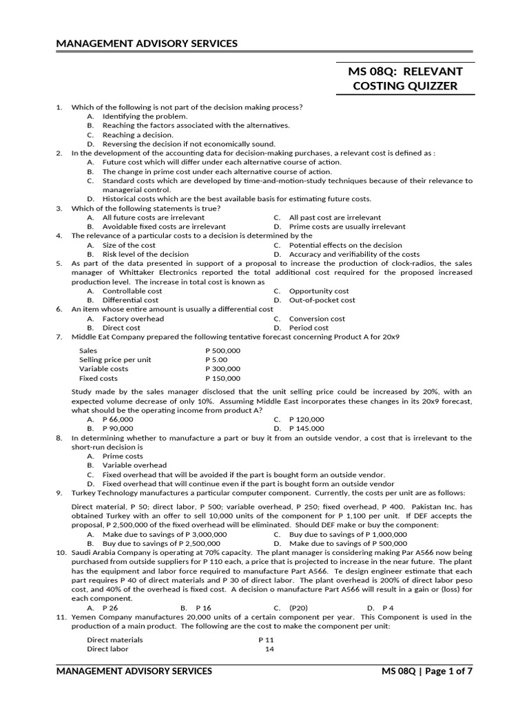 MS 08Q Relevant Costing | PDF | Pricing | Prices